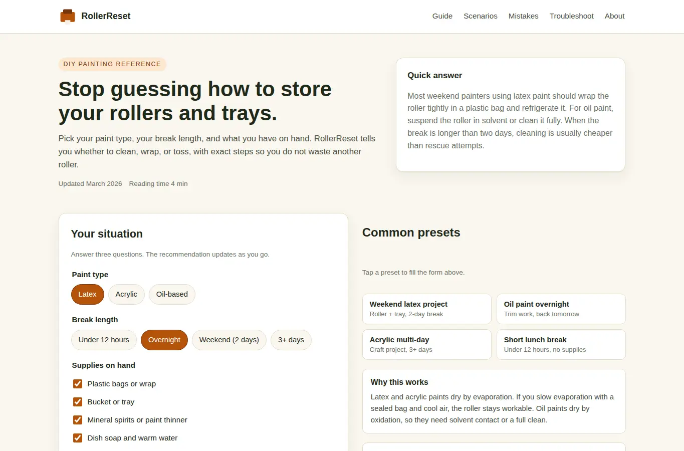 Screenshot of RollerReset: Paint Roller & Tray Cleanup Decision Guide interface showing the project page in use